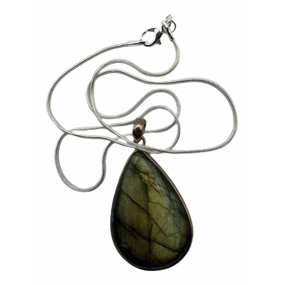 Labradorite Teardrop Pendant Necklace Silver Tone Snake Chain Green Flash Stone